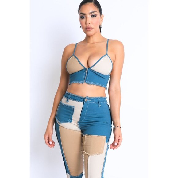 Women's Colorblock Patchwork Cop Top And Matching Pants 2 Piece Set Club Party - Picture 5 of 11